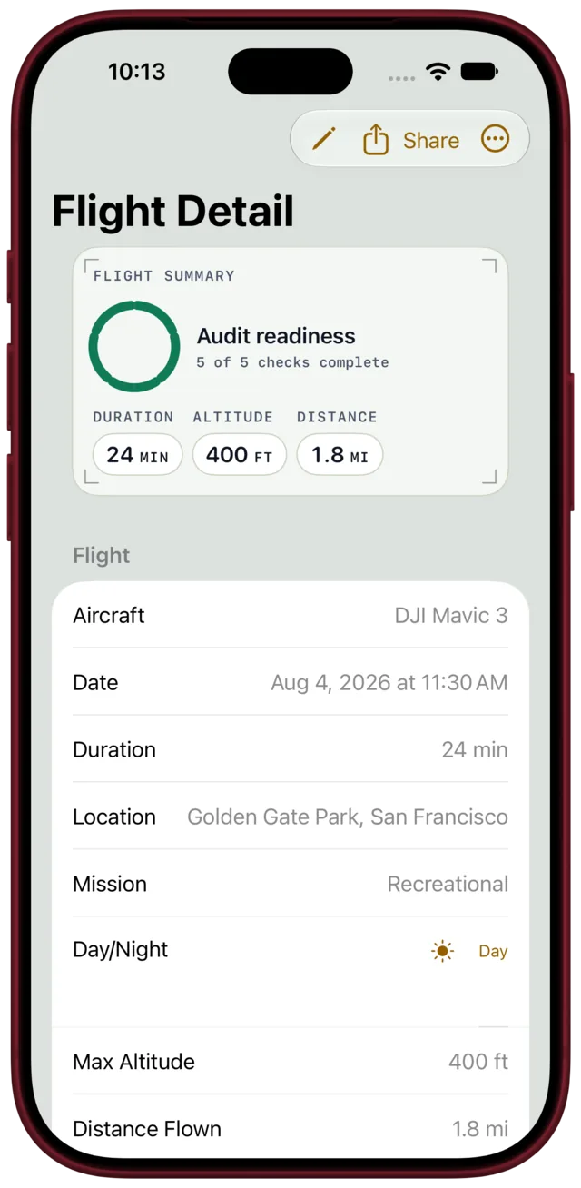 Flight detail: audit readiness, duration, altitude, distance, aircraft, date, location, mission, day or night