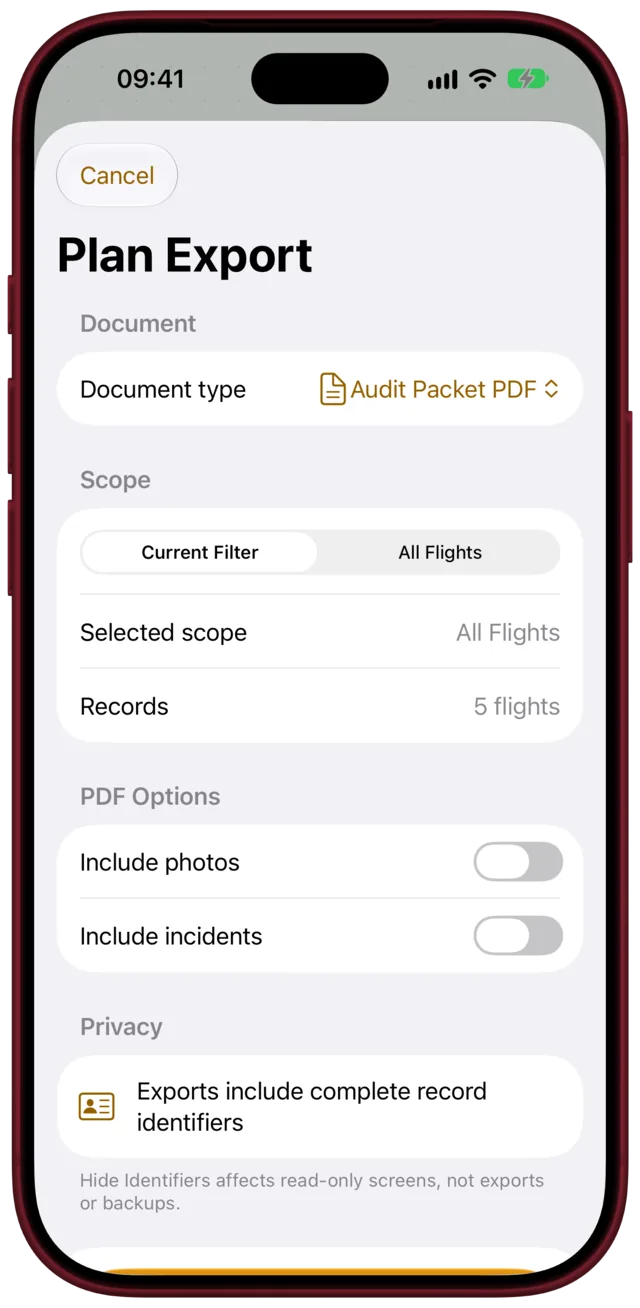 Plan Export: Audit Packet PDF, scope, records, PDF options