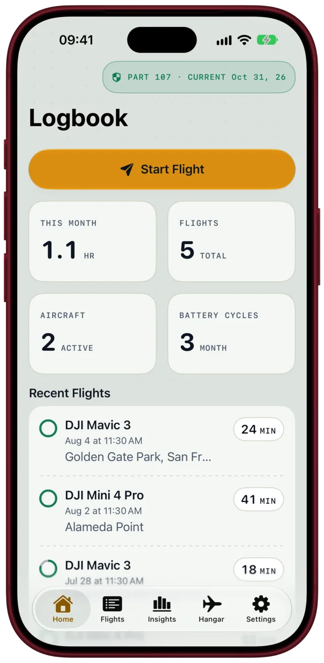 Logbook home: Start Flight, hours this month, flights, aircraft and battery cycles, recent flights