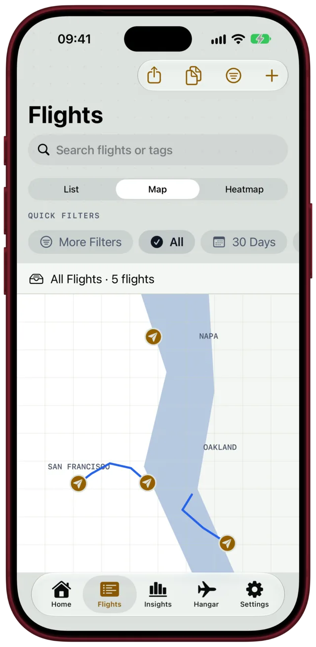 Flights on a map around San Francisco, with quick filters