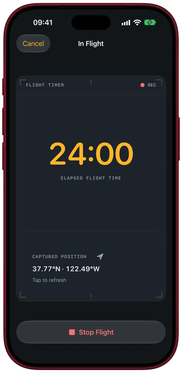 Flight timer in flight: 24:00 elapsed, captured position, Stop Flight