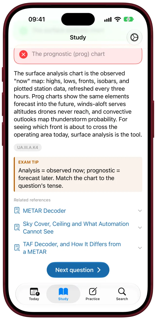 A missed weather question explained, with an exam tip and related reference cards