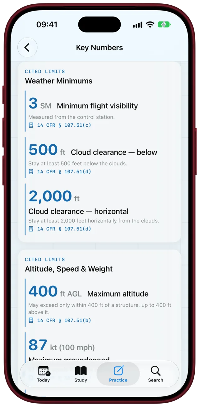 Key Numbers: weather minimums and altitude, speed and weight limits, each with its 14 CFR citation