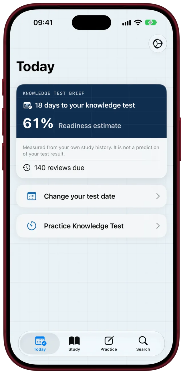 Today tab: 18 days to your knowledge test, a readiness estimate and reviews due