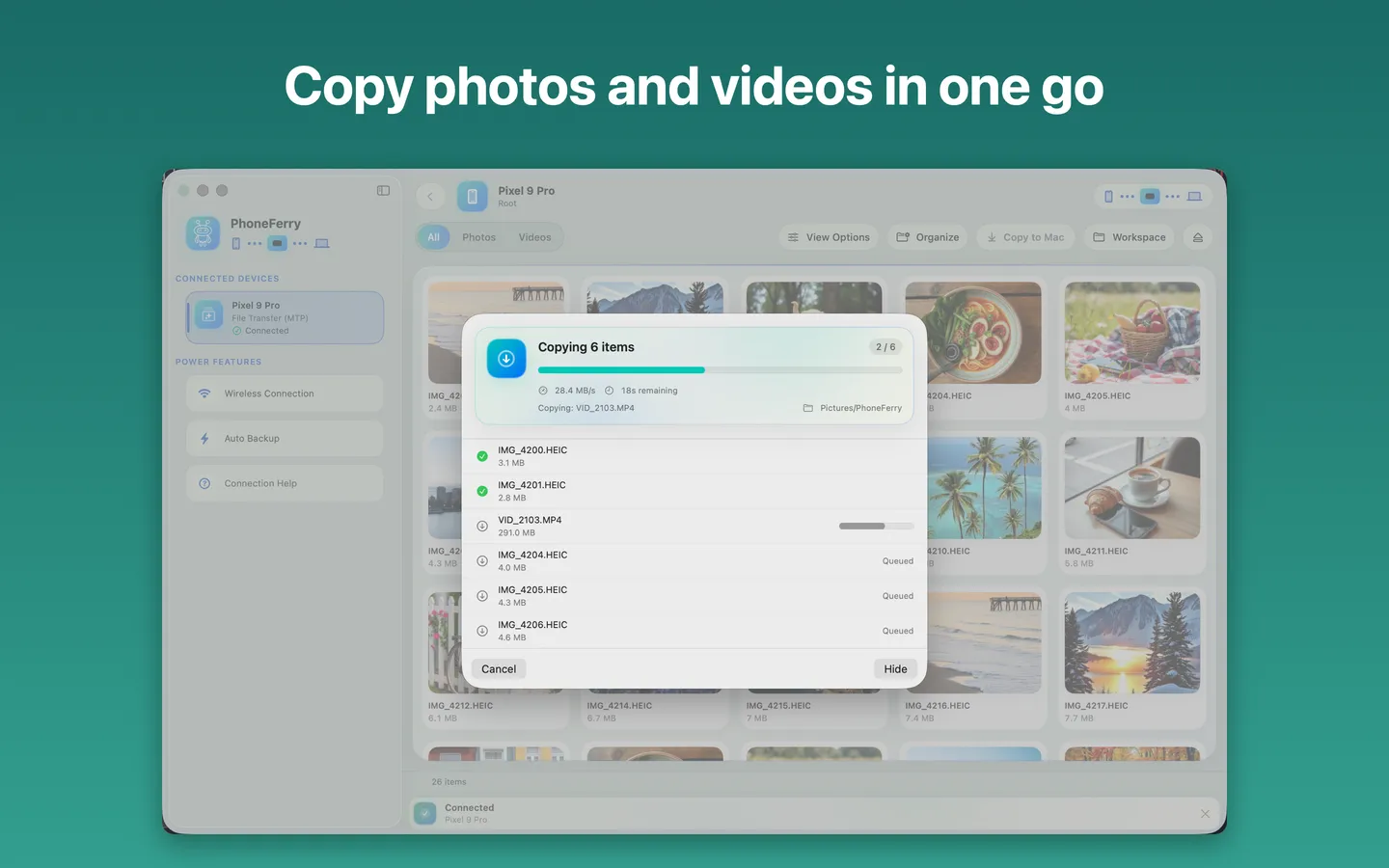 PhoneFerry copying photos and videos from an Android phone to the Mac with live progress