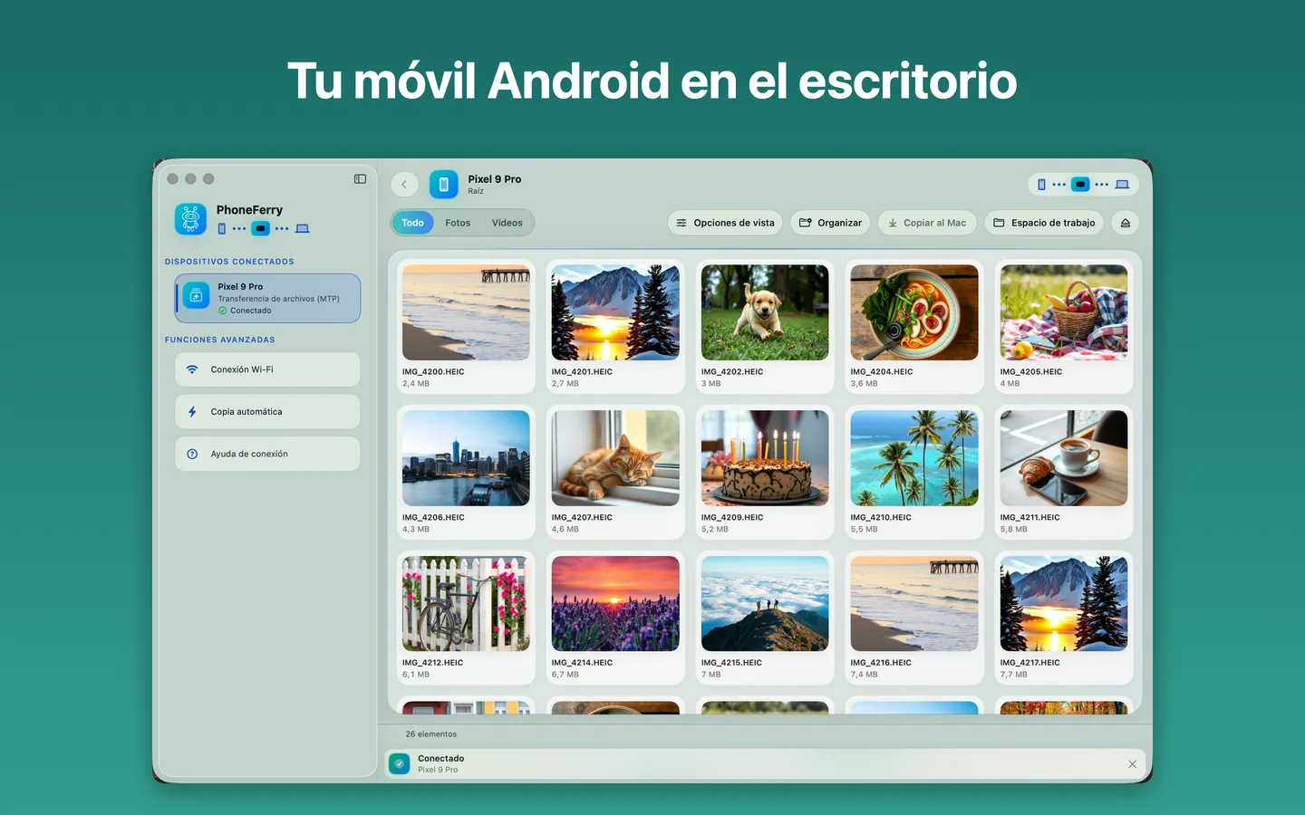 Ventana principal de PhoneFerry: fotos de un móvil Android en miniaturas, listas para copiar al Mac