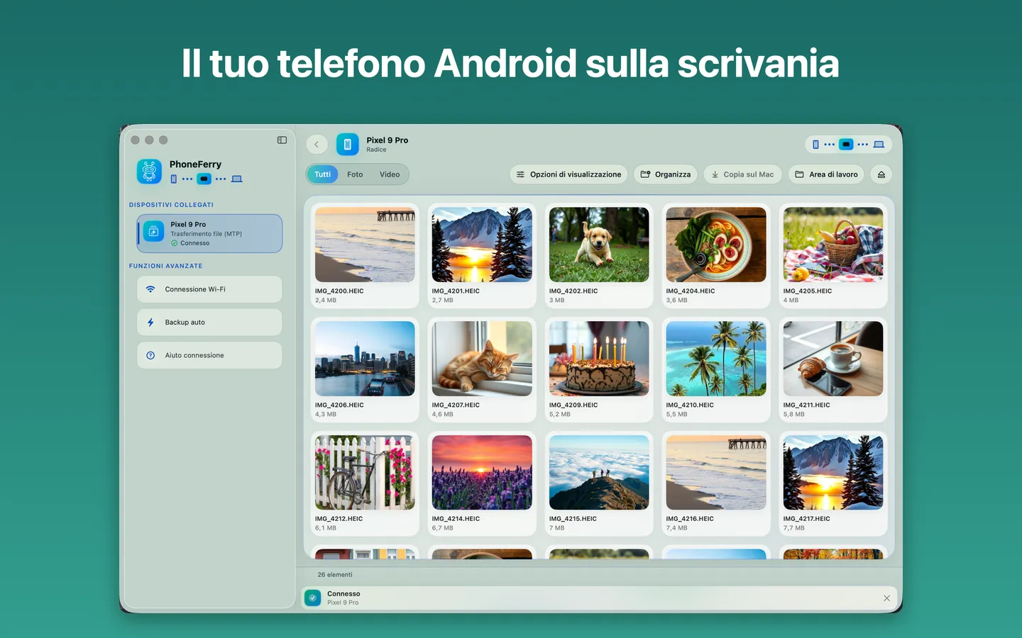 Finestra principale di PhoneFerry: le foto di un telefono Android in miniatura, pronte da copiare sul Mac