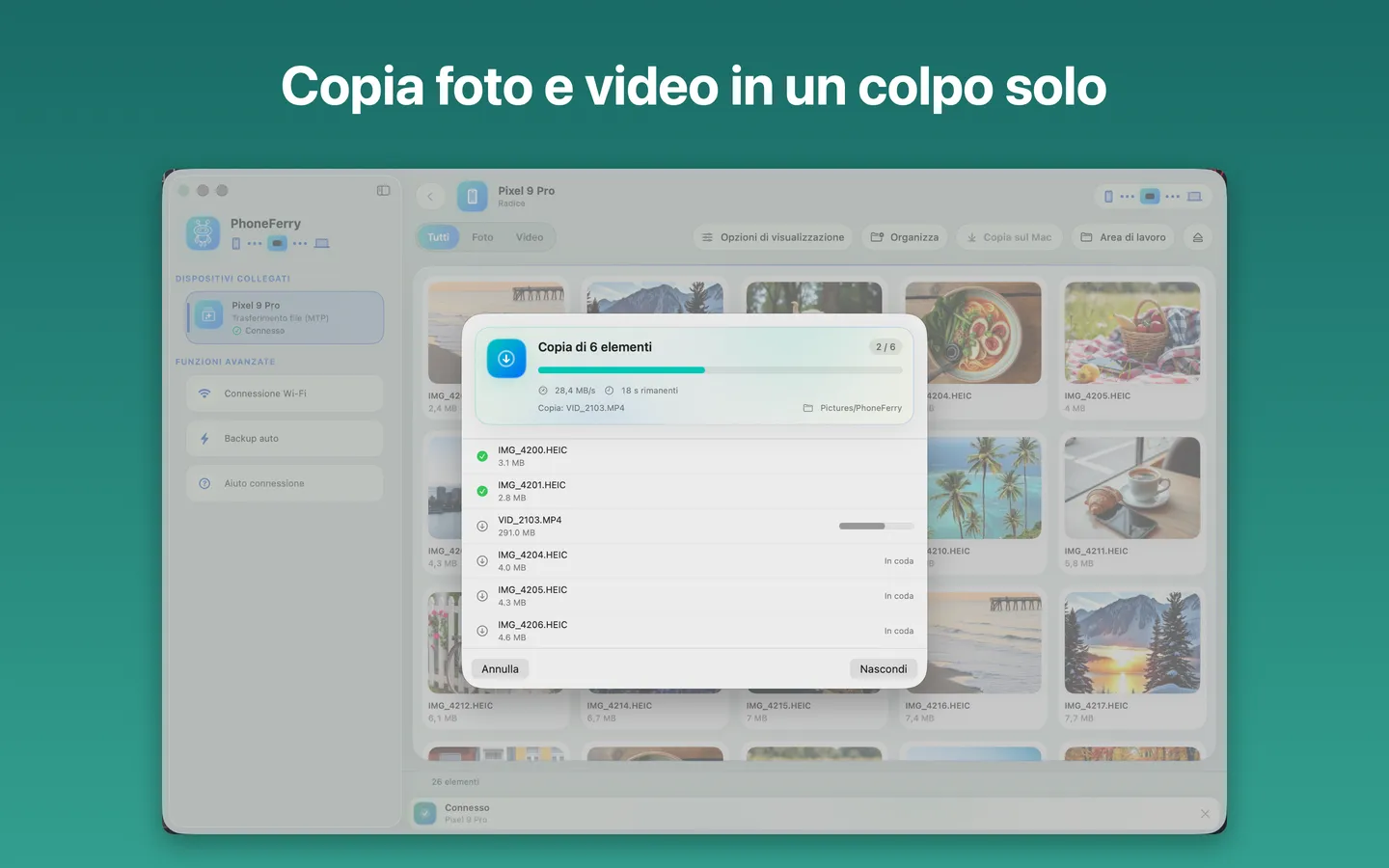 PhoneFerry copia foto e video da un telefono Android al Mac con l'avanzamento in tempo reale