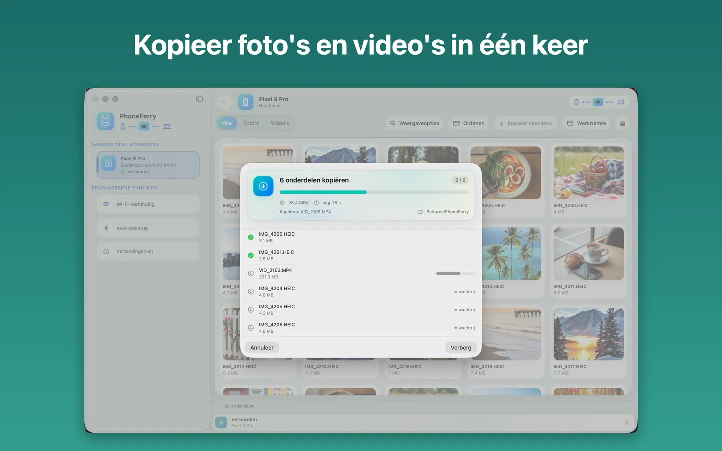 PhoneFerry kopieert foto's en video's van een Android-telefoon naar de Mac met live voortgang