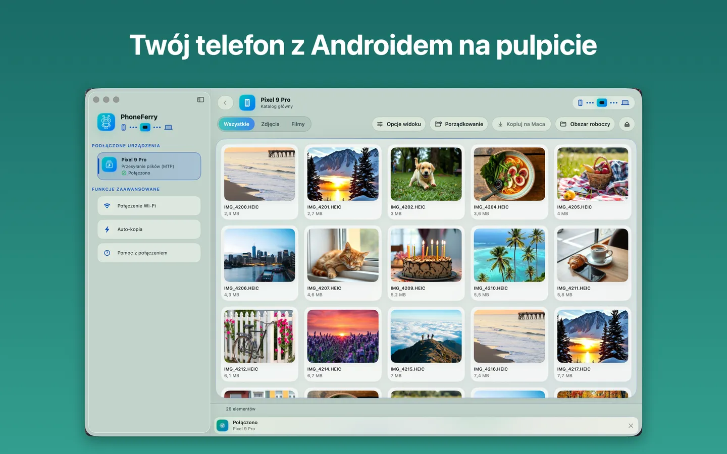 Główne okno PhoneFerry: zdjęcia z telefonu z Androidem jako miniatury, gotowe do skopiowania na Maca
