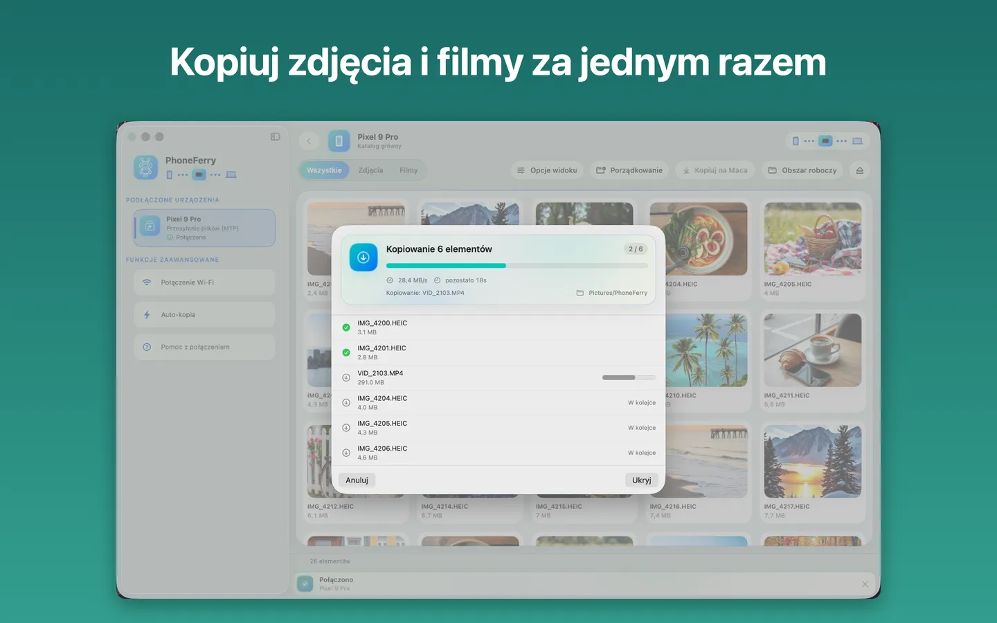 PhoneFerry kopiuje zdjęcia i filmy z telefonu z Androidem na Maca z postępem na żywo