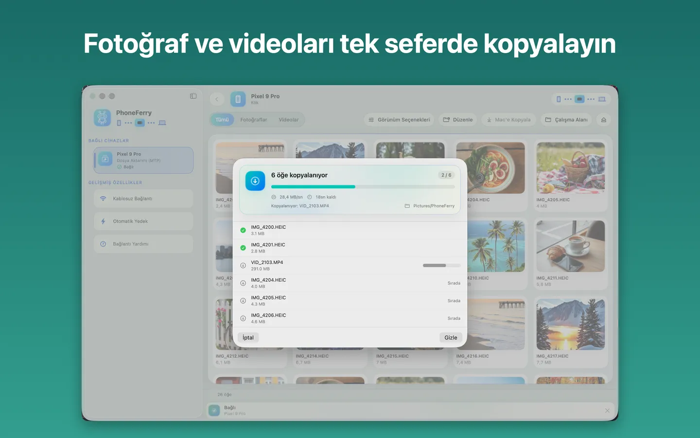 PhoneFerry, Android telefondaki fotoğraf ve videoları canlı ilerlemeyle Mac'e kopyalıyor