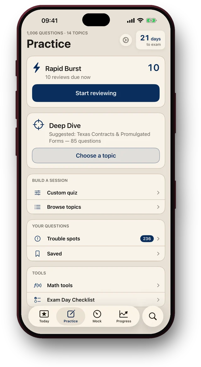 Practice tab: Rapid Burst, Deep Dive, custom quiz and your trouble spots